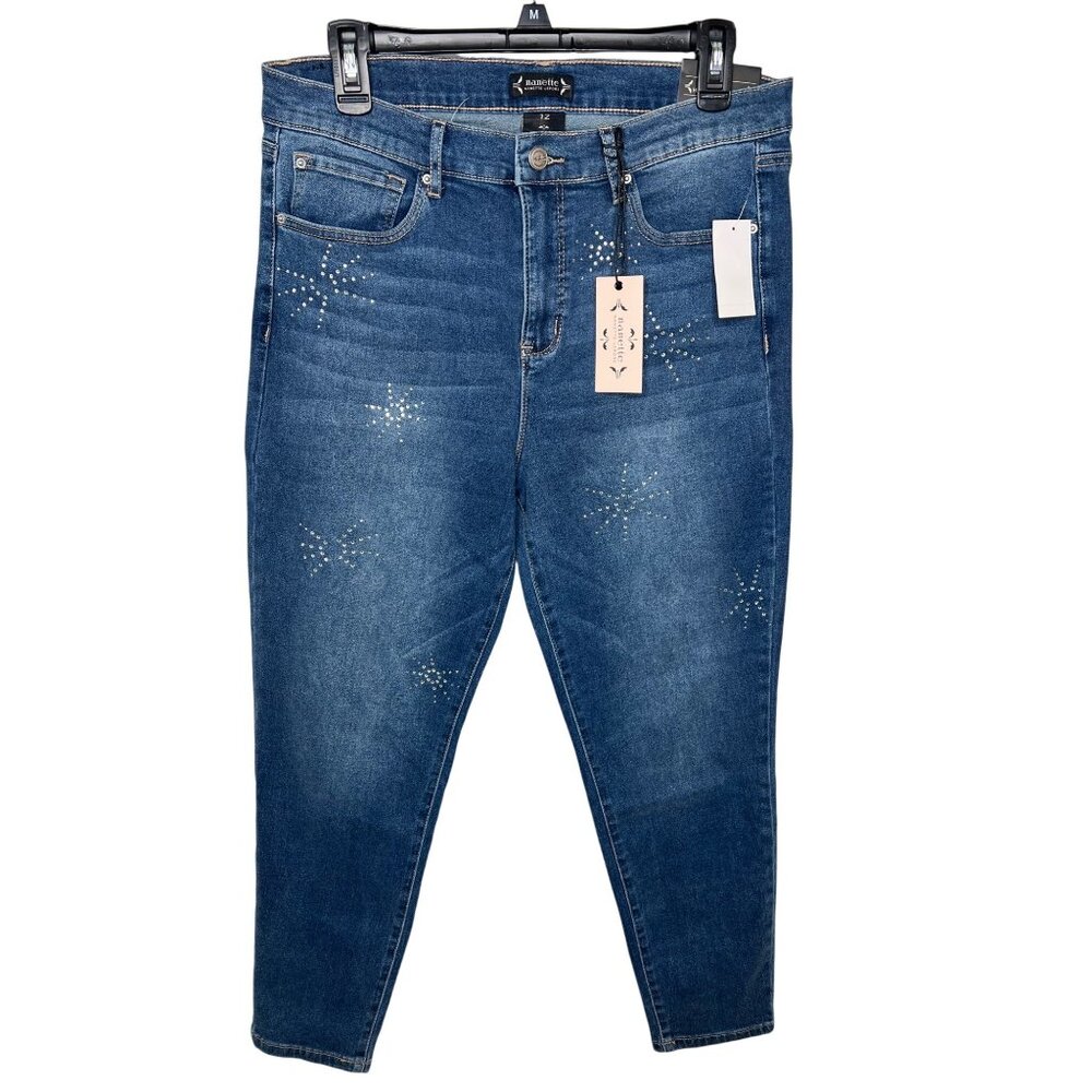 Nanette Belle High Rise Ankle Skinny Jeans Blue With Rhinestone Detail Size 12